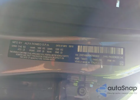 2019 Alfa Romeo Giulia Ti Awd из США, поврежденный, VIN ZARFANBN9K7603929